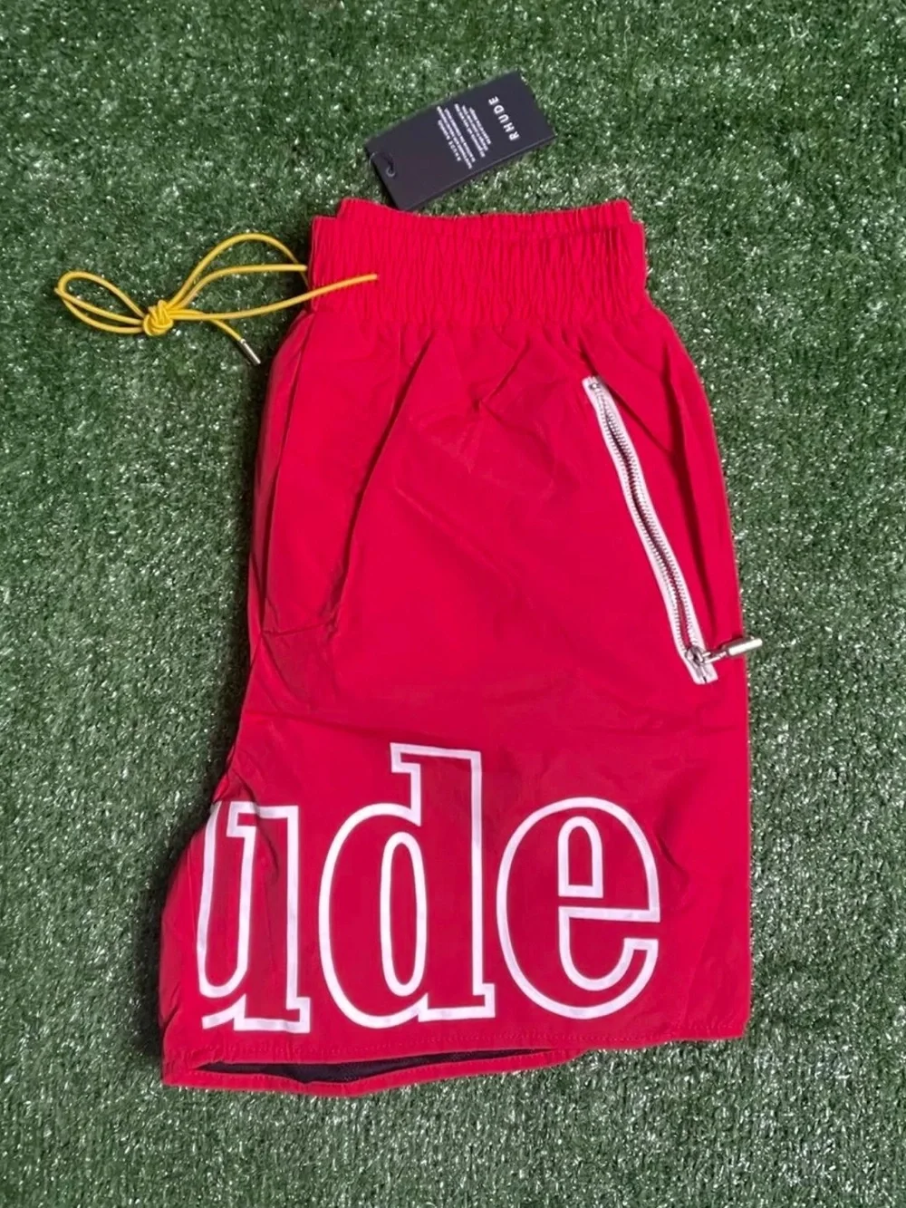 Rhude Red Swim Shorts with White Logo and Yellow Drawstring